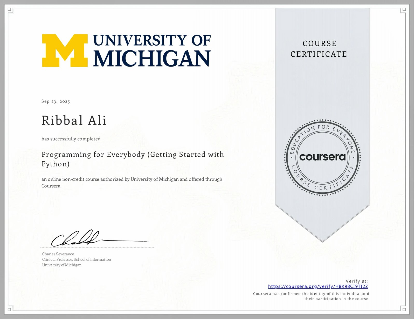 Programming for Everybody (Getting Started with Python) Certificate